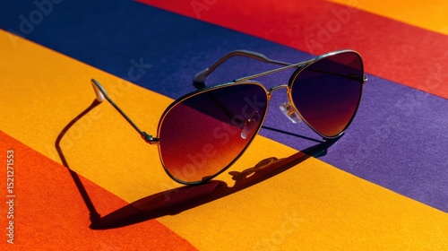 artistic professional photo of stylish sunglasses on abstract colorful background, perfect lighting, realistic and cinematic style
