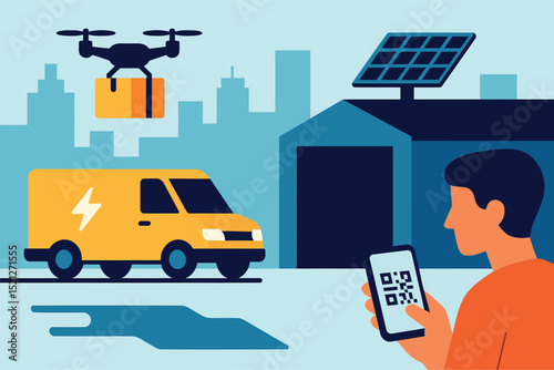 Automation-Driven E-Commerce Logistics and Drone Delivery Vector Illustration