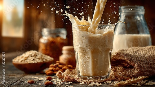 milk cascading from a glass, capturing the essence of fresh dairy in a rustic wooden setting