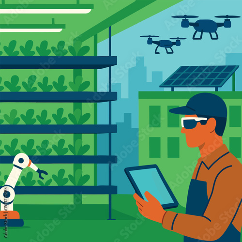 Urban Smart Vertical Farming with AR-Enabled Farmer and Robotics in Flat Design