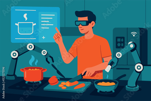 Flat-Style AI-Powered Smart Kitchen with Robotic Cooking Assist Vector Illustration