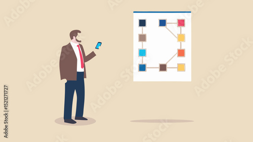 Man in suit looking at phone next to a graph diagram on a white board with colored squares