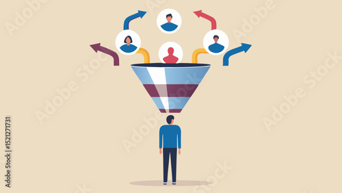 Person under funnel with people icons and arrows representing a filtering process diagram concept