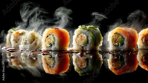 artistic professional photo of sushi rolls on reflective black surface with steam and sauce drops