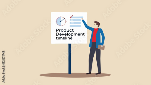 Man presenting product development timeline on a whiteboard with clock and checklist diagram shown