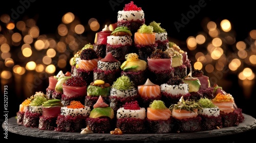 artistic professional photo of sushi tower built from stacked rolls with gourmet toppings