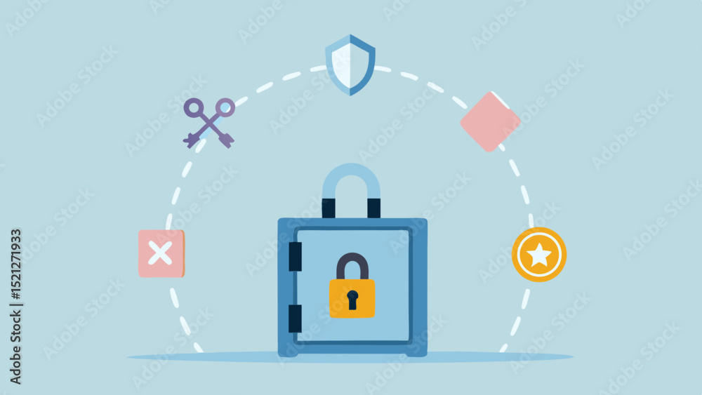 Illustration of a safe with a padlock and various security related icons around it on a light blue background