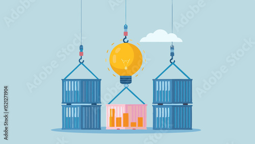 Containers being lifted with an idea bulb and a cloud in a light blue background illustration
