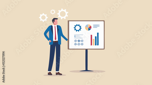 Man presenting data on a whiteboard with gears floating above his head in a business setting