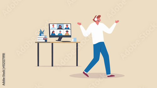 Man with headphones dancing during a video call on a computer at a desk with books and a plant
