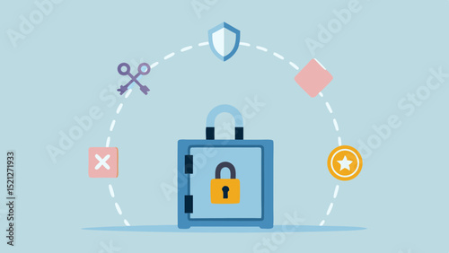 Illustration of a safe with a padlock and various security related icons around it on a light blue background