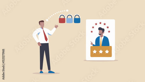 A man is thinking about locks and a political candidate on a poster with stars and podium shown