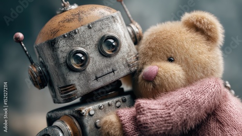 artistic professional photo of toy-like robot hugging a plush teddy bear, perfect lighting, realistic and cinematic style