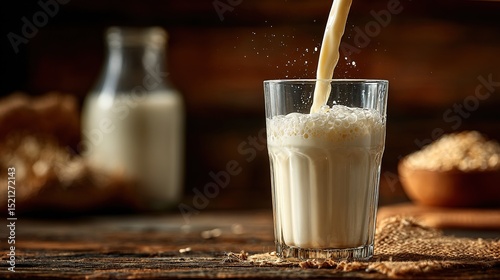 milk cascading from a glass, capturing the essence of fresh dairy in a rustic wooden setting