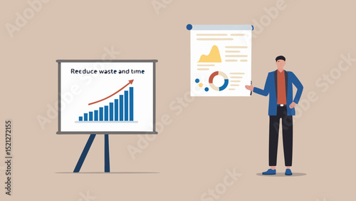 Presentation with bar graph showing growth and presenter with charts on a whiteboard for business insight