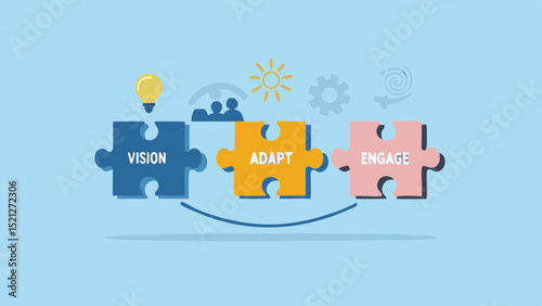 Vision adapt and engage puzzle pieces connected with lightbulb and sun on a light blue background design
