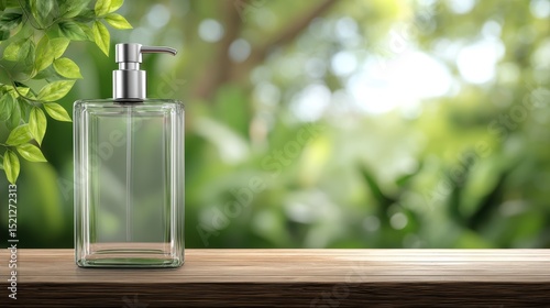 artistic professional photo of transparent pump bottle with blank label, natural light, leafy background, perfect lighting, realistic and cinematic style