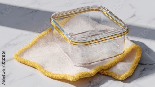 artistic professional photo of transparent soup container mockup on marble table with napkin, perfect lighting, realistic and cinematic style