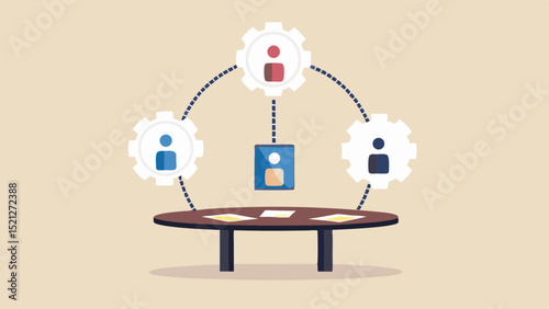 Illustration of a round table with documents and connected gears with people icons above it