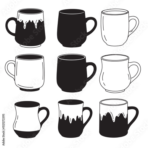 Set of nine stylized coffee mugs in black and white silhouette vector illustration