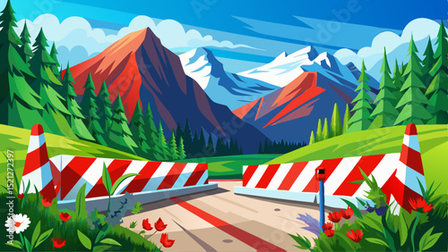 A red-and-white barrier rests quietly on a rural mountain road. In close-up, wildflowers bloom beside it, with towering peaks beyond — nature whispers caution in breathtaking alpine serenity.