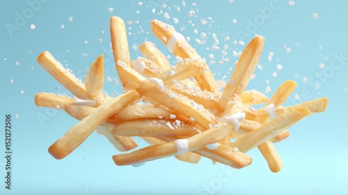 artistic professional photo of truffle fries floating with parmesan flakes and white sauce over pastel mint, perfect lighting, realistic and cinematic style