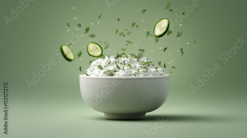 artistic professional photo of tzatziki sauce flying with cucumber specks over light green background, perfect lighting, realistic and cinematic style