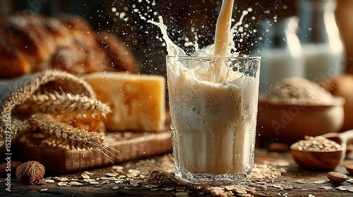 milk cascading from a glass, capturing the essence of fresh dairy in a rustic wooden setting
