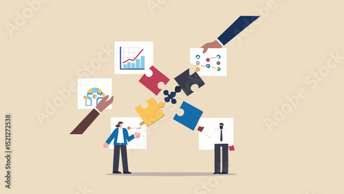 Illustration of business people assembling puzzle pieces with data and chart icons around them