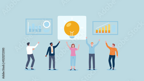 Group of people celebrating a new idea with charts and graphs in a light blue background color scheme