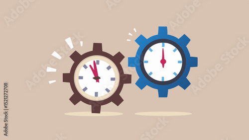 Illustration of two gear shaped clocks with red hands and a beige background depicting time