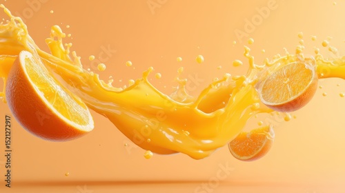 artistic professional photo of vibrant orange juice splash with droplets flying, pastel orange backdrop, perfect lighting, realistic and cinematic style