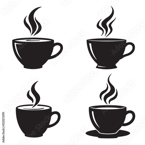 Set of steaming coffee cup silhouettes in black and white for design use