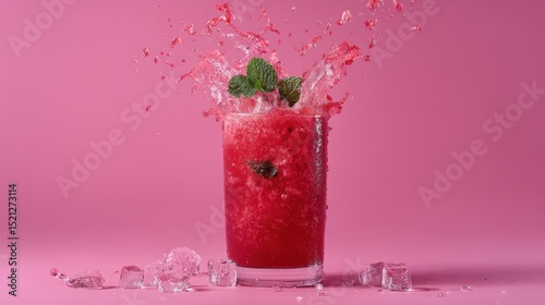 artistic professional photo of watermelon juice splash on colorful background with ice and mint, perfect lighting, realistic and cinematic style
