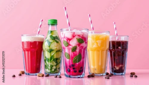 Variety of Colorful Summer Beverages in Glasses with Straws and Ice on Pink Background