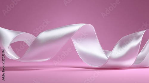 artistic professional photo of white satin ribbon caught in breeze over pink backdrop, perfect lighting, realistic and cinematic style
