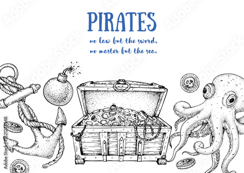 Pirate adventure frame. Hand drawn vector illustration. Sea design template. Sketch elements for pirate-marine theme design. Sunken treasure sketch.