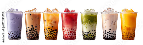 Colorful selection of iced bubble teas with tapioca pearls, isolated on white background.