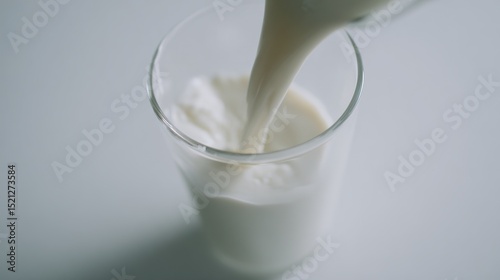 Close-up overhead view of pouring milk onto table, emphasizing creamy texture and white color against grey background.