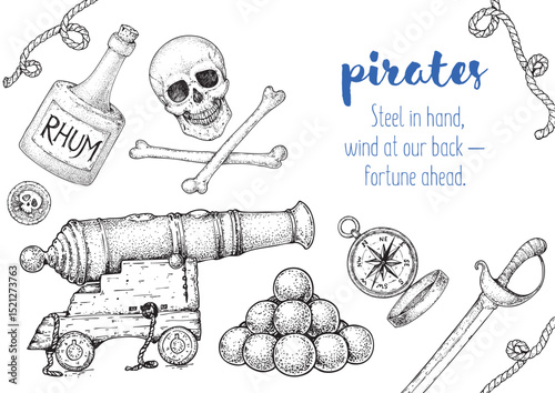 Pirate adventure frame. Hand drawn vector illustration. Sea design template. Sketch elements for pirate-marine theme design.