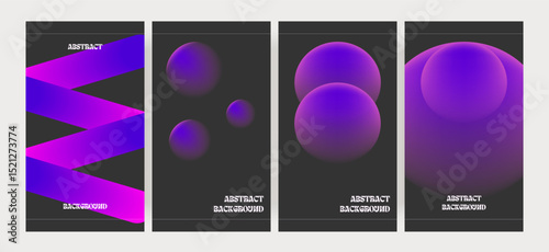 Set of four abstract posters with glowing purple pink shapes on dark backgrounds for social media story