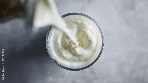 Close-up overhead view of pouring milk onto table, emphasizing creamy texture and white color against grey background.