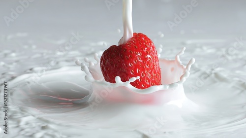 Strawberry floating in milk, centered composition with pure white background, highlighting the contrast of red fruit and creamy liquid.