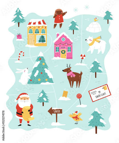 Cute Christmas Village Vector Illustration with Santa Characters, Winter Animals, Festive Trees and Holiday Elements