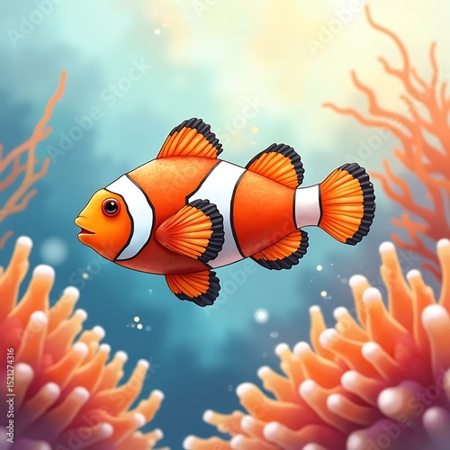 Clownfish Swimming Near Coral Reef Bright Illustration Undersea Animation Style