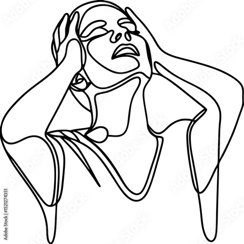 One line art drawing of woman holding head in hands, expressing stress and anxiety.  Elegant continuous line illustration depicting emotional turmoil and inner struggle.