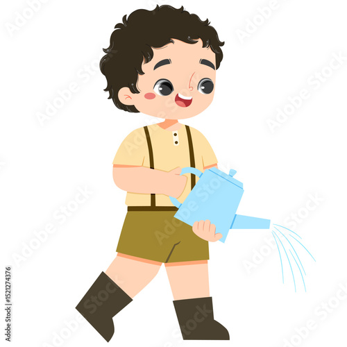 Cute curly boy watering plant in farmland on a summer time.