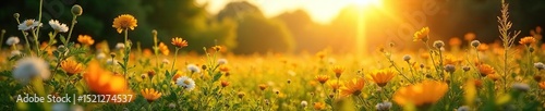 Golden hour sunlight bathes a vibrant summer landscape, illuminating wildflowers and lush greenery Perfect for summer, vacation, and nature themes , yellow, bright