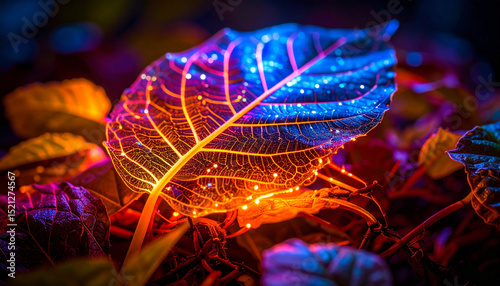 Glowing leaf with vibrant colors showcasing energy efficient computing inspired light patterns in natural setting with detailed veins and texture
