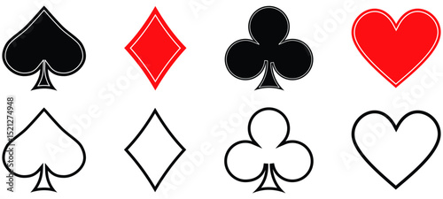 Playing card suits icon set. Casino symbols collection. Vector illustration isolated on white background